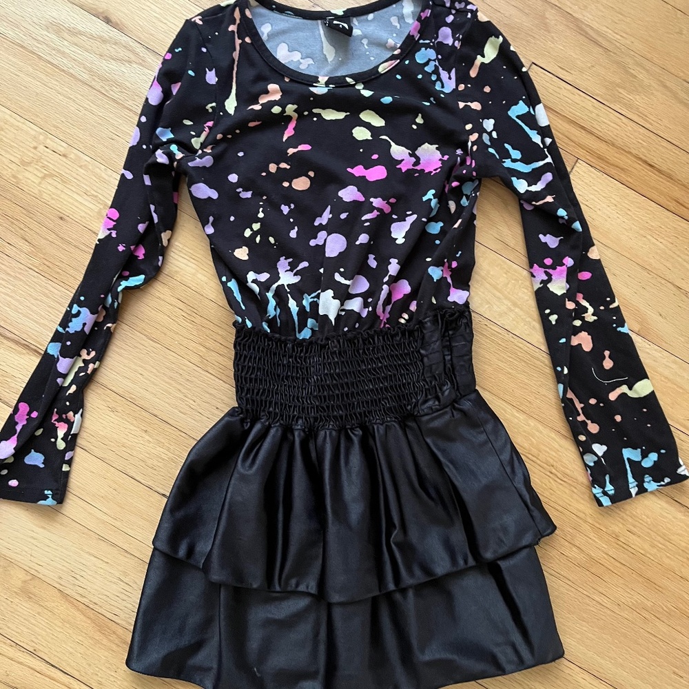 PixieLane Black Rainbow Splatter Paint Long Sleeve Smocked Skirt Dress Size 8